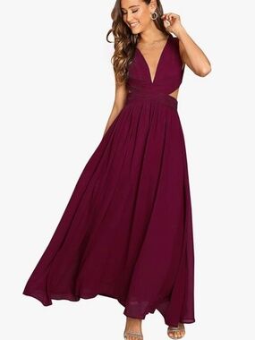 Floerns Women's Sexy Deep V Neck Backless Chiffon Formal Maxi Dress Burgundy
